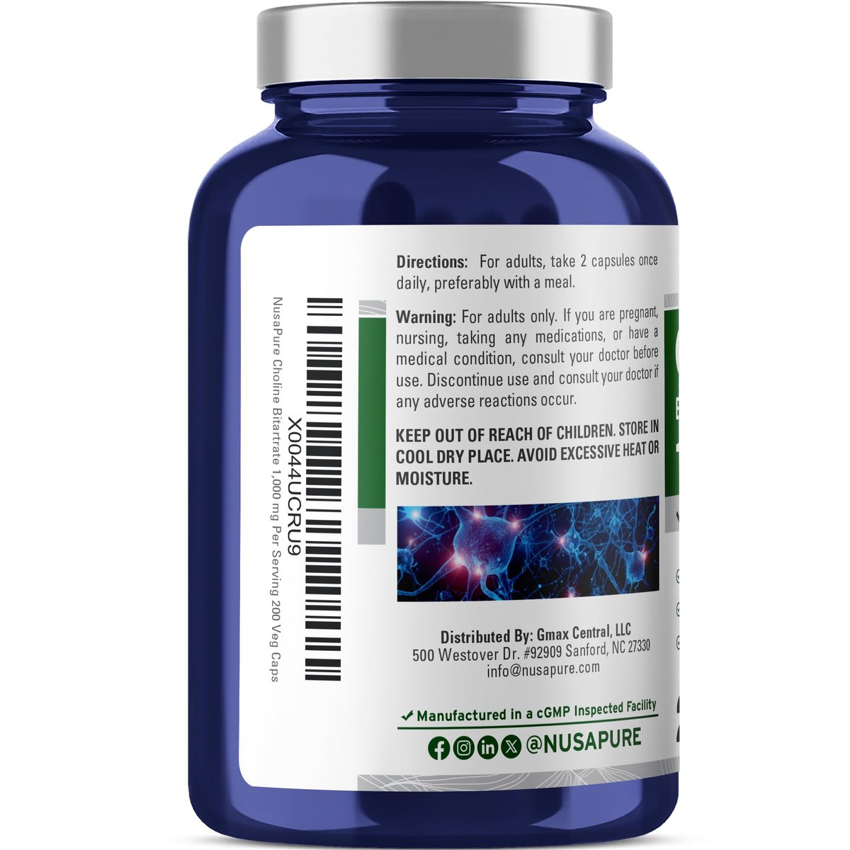 NusaPure Cholinbitartrat - Geeignet für Vegetarier/Veganer, Nicht-GVO - 1000 mg, 200 Kapseln