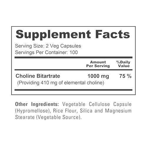 NusaPure Cholinbitartrat - Geeignet für Vegetarier/Veganer, Nicht-GVO - 1000 mg, 200 Kapseln