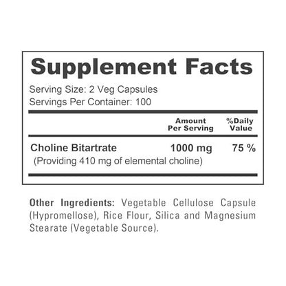 NusaPure Cholinbitartrat - Geeignet für Vegetarier/Veganer, Nicht-GVO - 1000 mg, 200 Kapseln