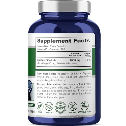 NusaPure Cholinbitartrat - Geeignet für Vegetarier/Veganer, Nicht-GVO - 1000 mg, 200 Kapseln