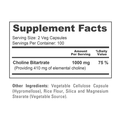 NusaPure Cholinbitartrat - Geeignet für Vegetarier/Veganer, Nicht-GVO - 1000 mg, 200 Kapseln