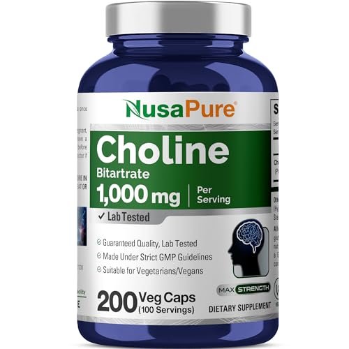 NusaPure Cholinbitartrat - Geeignet für Vegetarier/Veganer, Nicht-GVO - 1000 mg, 200 Kapseln