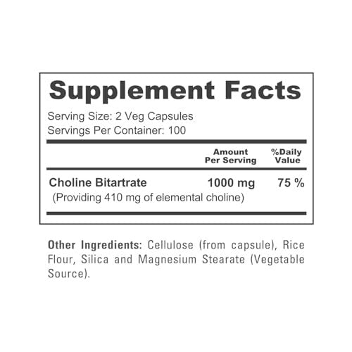 NusaPure Cholinbitartrat - Geeignet für Vegetarier/Veganer, Nicht-GVO - 1000 mg, 200 Kapseln