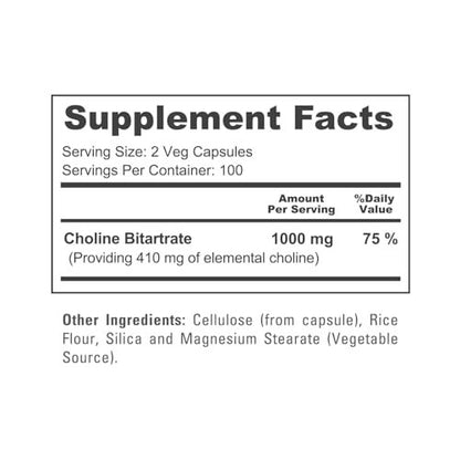 NusaPure Cholinbitartrat - Geeignet für Vegetarier/Veganer, Nicht-GVO - 1000 mg, 200 Kapseln