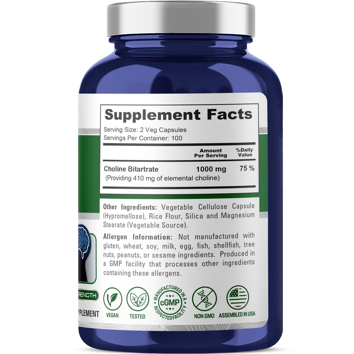 NusaPure Cholinbitartrat - Geeignet für Vegetarier/Veganer, Nicht-GVO - 1000 mg, 200 Kapseln