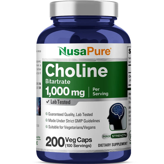 NusaPure Cholinbitartrat - Geeignet für Vegetarier/Veganer, Nicht-GVO - 1000 mg, 200 Kapseln