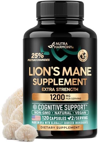 Löwenmähne Bio Kapseln - 1200 mg, 25% Polysaccharide - Gedächtnis & Fokus Unterstützung - Fruchtkörper Extrakt - 120 Kapseln, 2 Monatsvorrat