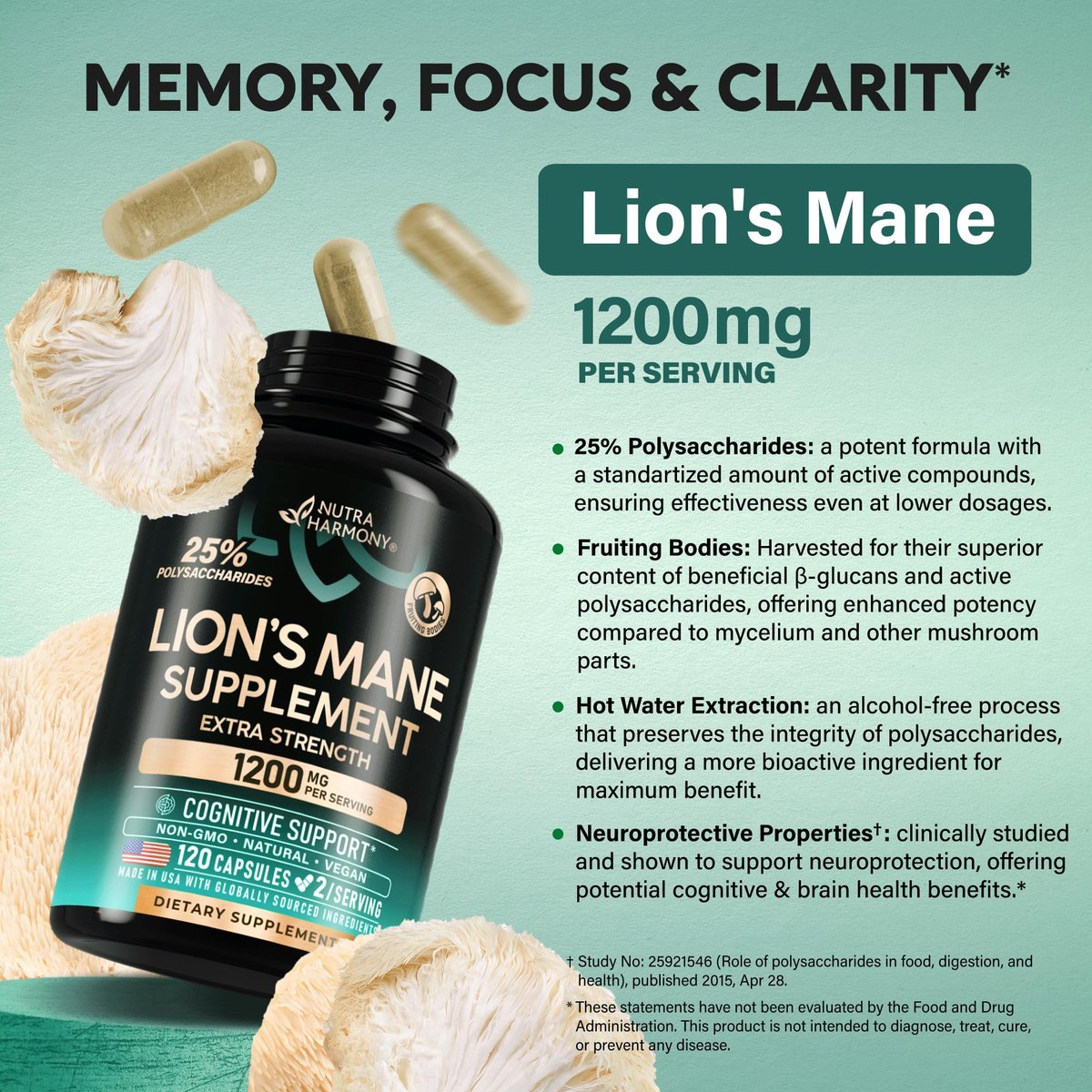 Löwenmähne Bio Kapseln - 1200 mg, 25% Polysaccharide - Gedächtnis & Fokus Unterstützung - Fruchtkörper Extrakt - 120 Kapseln, 2 Monatsvorrat