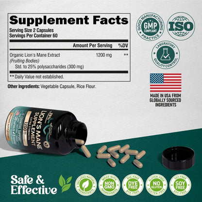 Löwenmähne Bio Kapseln - 1200 mg, 25% Polysaccharide - Gedächtnis & Fokus Unterstützung - Fruchtkörper Extrakt - 120 Kapseln, 2 Monatsvorrat