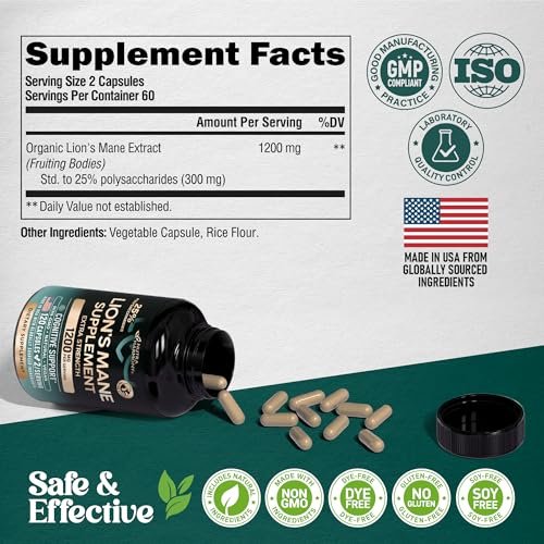 Löwenmähne Bio Kapseln - 1200 mg, 25% Polysaccharide - Gedächtnis & Fokus Unterstützung - Fruchtkörper Extrakt - 120 Kapseln, 2 Monatsvorrat