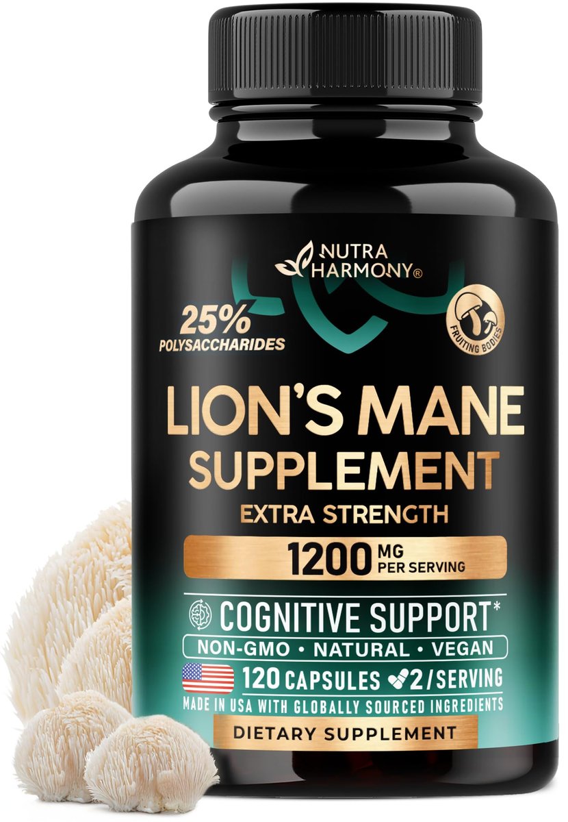 Löwenmähne Bio Kapseln - 1200 mg, 25% Polysaccharide - Gedächtnis & Fokus Unterstützung - Fruchtkörper Extrakt - 120 Kapseln, 2 Monatsvorrat
