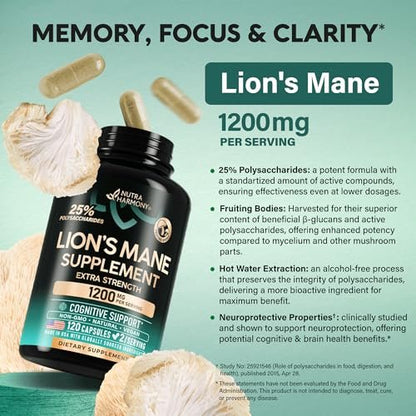 Löwenmähne Bio Kapseln - 1200 mg, 25% Polysaccharide - Gedächtnis & Fokus Unterstützung - Fruchtkörper Extrakt - 120 Kapseln, 2 Monatsvorrat
