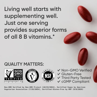 Sports Research® Vitamin B-Komplex – Vollspektrum an B-Vitaminen mit methyliertem B12 & Folat – Glutenfrei · Pflanzenbasiert · Nicht-GVO · Vegan-freundliche Formel – 120 vegane Softgels