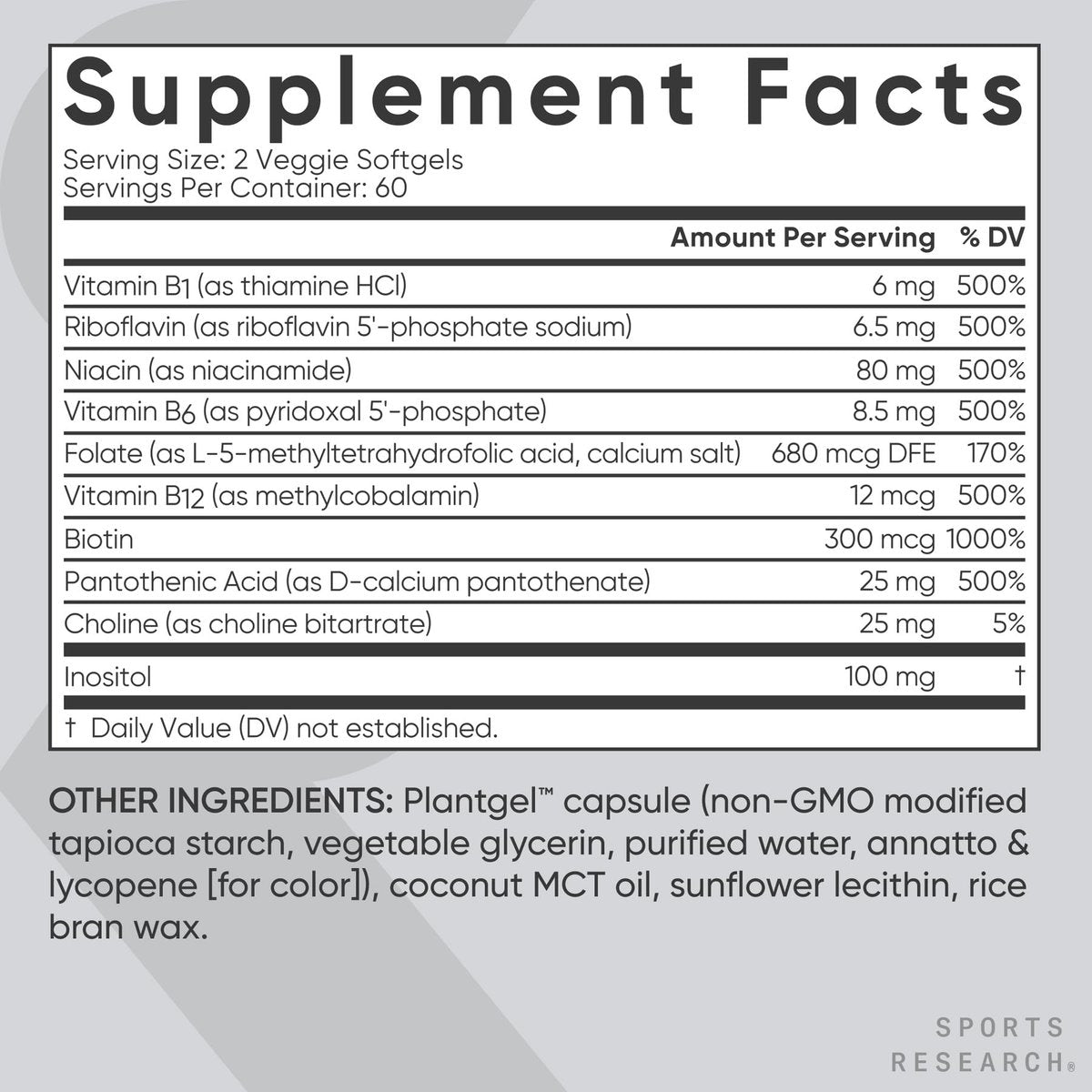Sports Research® Vitamin B-Komplex – Vollspektrum an B-Vitaminen mit methyliertem B12 & Folat – Glutenfrei · Pflanzenbasiert · Nicht-GVO · Vegan-freundliche Formel – 120 vegane Softgels