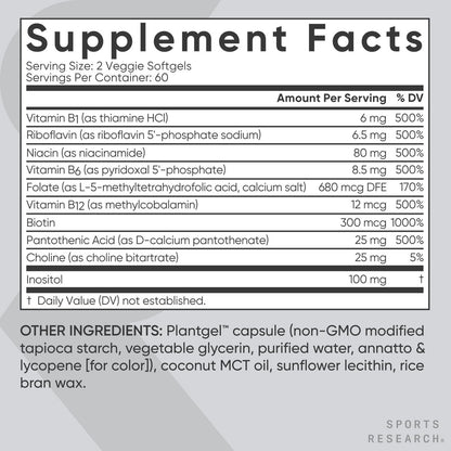 Sports Research® Vitamin B-Komplex – Vollspektrum an B-Vitaminen mit methyliertem B12 & Folat – Glutenfrei · Pflanzenbasiert · Nicht-GVO · Vegan-freundliche Formel – 120 vegane Softgels
