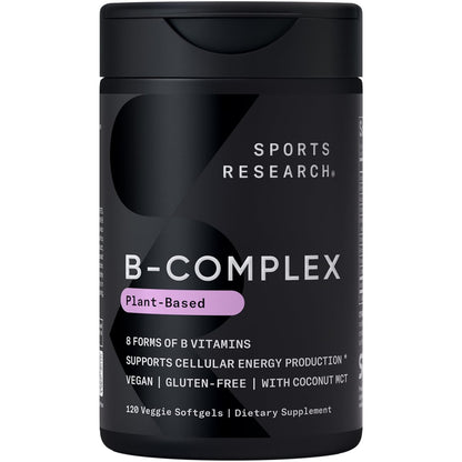 Sports Research® Vitamin B-Komplex – Vollspektrum an B-Vitaminen mit methyliertem B12 & Folat – Glutenfrei · Pflanzenbasiert · Nicht-GVO · Vegan-freundliche Formel – 120 vegane Softgels