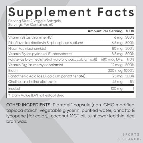 Sports Research® Vitamin B-Komplex – Vollspektrum an B-Vitaminen mit methyliertem B12 & Folat – Glutenfrei · Pflanzenbasiert · Nicht-GVO · Vegan-freundliche Formel – 120 vegane Softgels