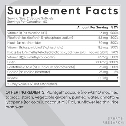 Sports Research® Vitamin B-Komplex – Vollspektrum an B-Vitaminen mit methyliertem B12 & Folat – Glutenfrei · Pflanzenbasiert · Nicht-GVO · Vegan-freundliche Formel – 120 vegane Softgels