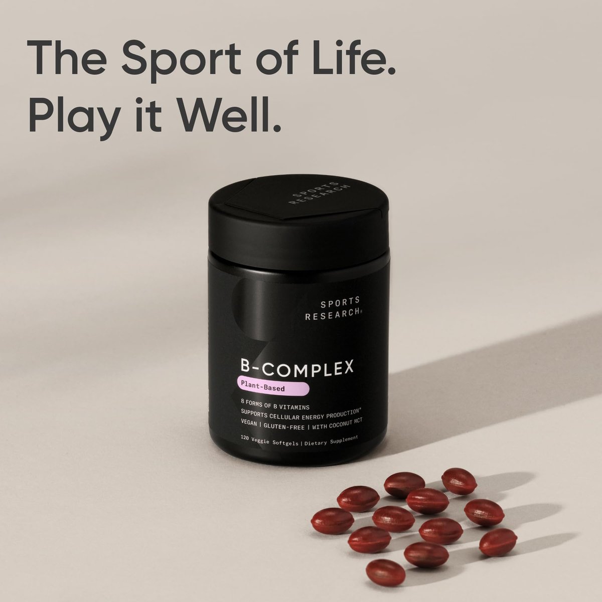 Sports Research® Vitamin B-Komplex – Vollspektrum an B-Vitaminen mit methyliertem B12 & Folat – Glutenfrei · Pflanzenbasiert · Nicht-GVO · Vegan-freundliche Formel – 120 vegane Softgels