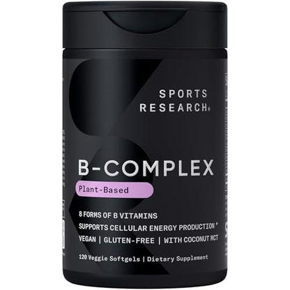 Sports Research® Vitamin B-Komplex – Vollspektrum an B-Vitaminen mit methyliertem B12 & Folat – Glutenfrei · Pflanzenbasiert · Nicht-GVO · Vegan-freundliche Formel – 120 vegane Softgels