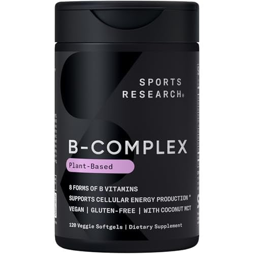 Sports Research® Vitamin B-Komplex – Vollspektrum an B-Vitaminen mit methyliertem B12 & Folat – Glutenfrei · Pflanzenbasiert · Nicht-GVO · Vegan-freundliche Formel – 120 vegane Softgels