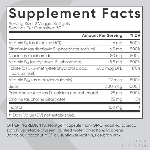 Sports Research® Vitamin B-Komplex – Vollspektrum an B-Vitaminen mit methyliertem B12 & Folsäure – Glutenfrei · Pflanzlich · Nicht-GVO · Vegane Formel – 60 vegane Weichkapseln