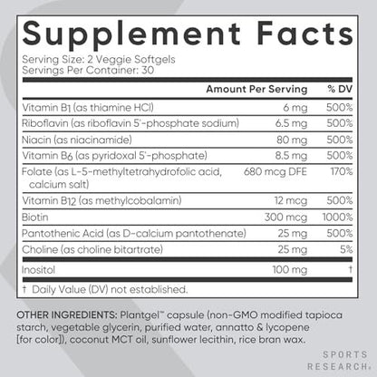 Sports Research® Vitamin B-Komplex – Vollspektrum an B-Vitaminen mit methyliertem B12 & Folsäure – Glutenfrei · Pflanzlich · Nicht-GVO · Vegane Formel – 60 vegane Weichkapseln