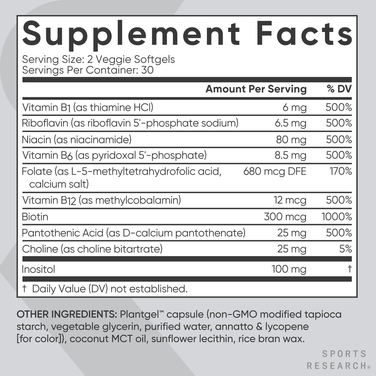 Sports Research® Vitamin B-Komplex – Vollspektrum an B-Vitaminen mit methyliertem B12 & Folsäure – Glutenfrei · Pflanzlich · Nicht-GVO · Vegane Formel – 60 vegane Weichkapseln