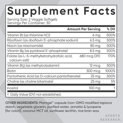 Sports Research® Vitamin B-Komplex – Vollspektrum an B-Vitaminen mit methyliertem B12 & Folsäure – Glutenfrei · Pflanzlich · Nicht-GVO · Vegane Formel – 60 vegane Weichkapseln