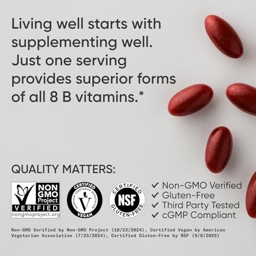Sports Research® Vitamin B-Komplex – Vollspektrum an B-Vitaminen mit methyliertem B12 & Folsäure – Glutenfrei · Pflanzlich · Nicht-GVO · Vegane Formel – 60 vegane Weichkapseln