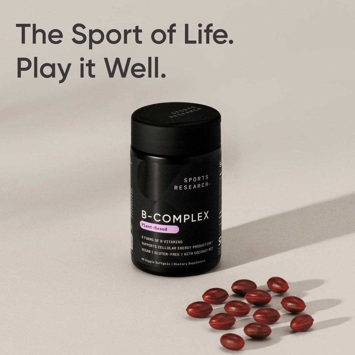 Sports Research® Vitamin B-Komplex – Vollspektrum an B-Vitaminen mit methyliertem B12 & Folsäure – Glutenfrei · Pflanzlich · Nicht-GVO · Vegane Formel – 60 vegane Weichkapseln
