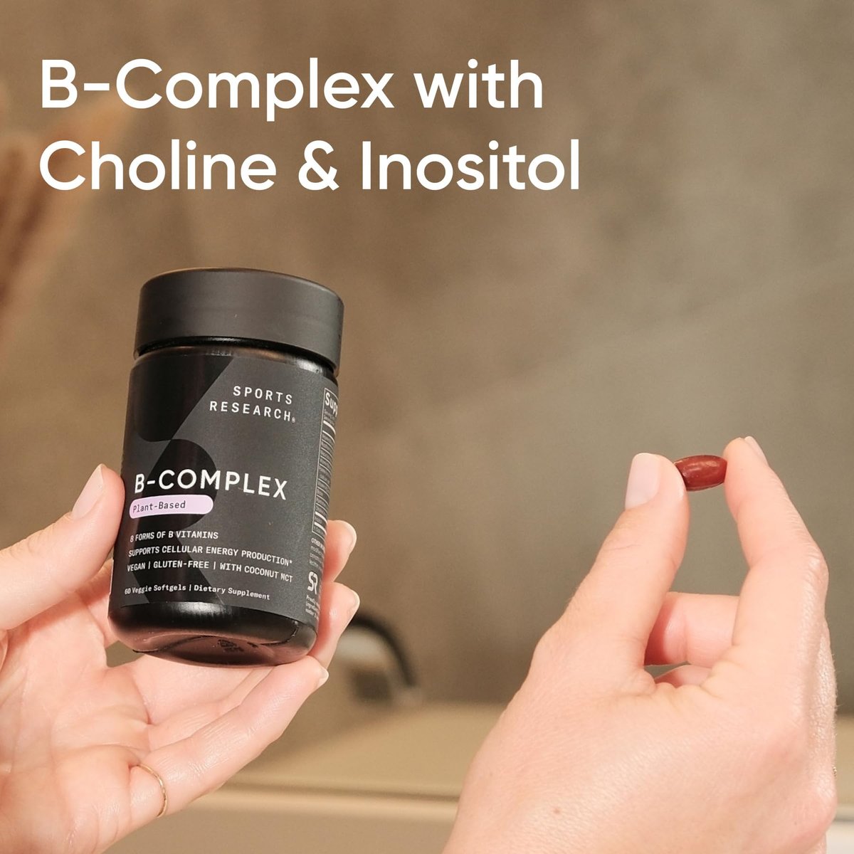 Sports Research® Vitamin B-Komplex – Vollspektrum an B-Vitaminen mit methyliertem B12 & Folsäure – Glutenfrei · Pflanzlich · Nicht-GVO · Vegane Formel – 60 vegane Weichkapseln