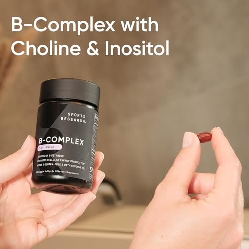 Sports Research® Vitamin B-Komplex – Vollspektrum an B-Vitaminen mit methyliertem B12 & Folsäure – Glutenfrei · Pflanzlich · Nicht-GVO · Vegane Formel – 60 vegane Weichkapseln
