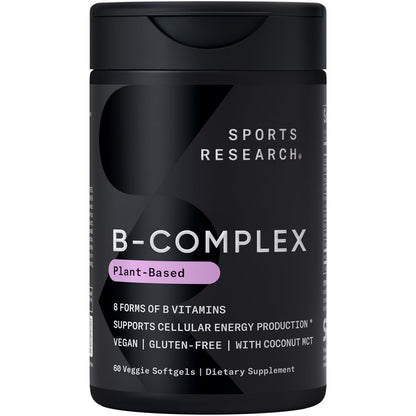Sports Research® Vitamin B-Komplex – Vollspektrum an B-Vitaminen mit methyliertem B12 & Folsäure – Glutenfrei · Pflanzlich · Nicht-GVO · Vegane Formel – 60 vegane Weichkapseln