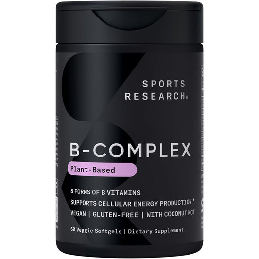 Sports Research® Vitamin B-Komplex – Vollspektrum an B-Vitaminen mit methyliertem B12 & Folsäure – Glutenfrei · Pflanzlich · Nicht-GVO · Vegane Formel – 60 vegane Weichkapseln