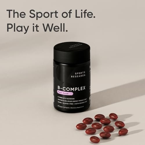 Sports Research® Vitamin B-Komplex – Vollspektrum an B-Vitaminen mit methyliertem B12 & Folsäure – Glutenfrei · Pflanzlich · Nicht-GVO · Vegane Formel – 60 vegane Weichkapseln
