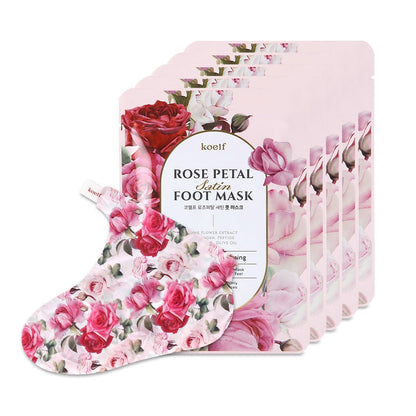 Koelf Rosenblüten Satin Fußmaske (5 Paar) - Koreanische Hautpflege, Intensiv pflegende Socken, Rosenduftende Fußpflegemaske mit Peptiden, Kollagen, Sheabutter, Harnstoff für geschmeidige Füße