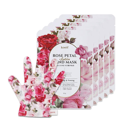 Koelf PETITFEE Rosenblüten-Satin-Handmaske (5 Paare) – Intensiv nährende, feuchtigkeitsspendende Handschuhe, duftende Handpflegemaske mit Peptiden, Kollagen und Sheabutter für seidig glatte Hände