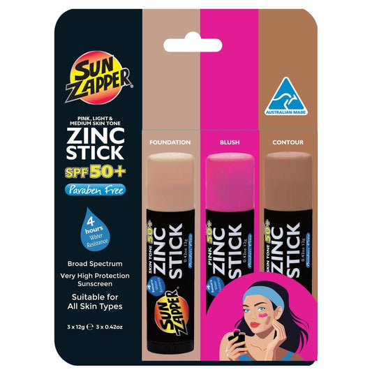 Sun Zapper Zink-Sonnencreme-Stick Beauty 3er-Pack SPF 50+ (Hell, Dunkel, Pink) – Getönter mineralischer Sonnenschutz für das Gesicht, Make-up SPF Blush-Stick, wasserbeständig, Reisegröße 12 g (0,42 oz) jeder, hergestellt in Australien