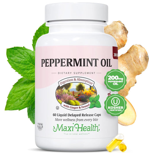 Maxi Health Pfefferminzöl Kapseln – Bio Ingweröl & Fenchel Verzögerte Freisetzung – Verdauliches, koscheres Pfefferminz-Nahrungsergänzungsmittel für die Verdauung (60 Kapseln)