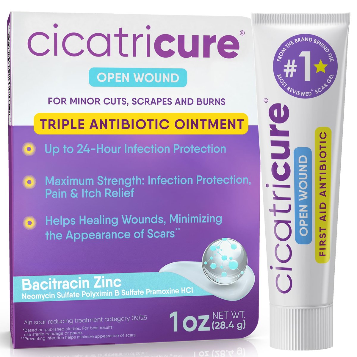 Cicatricure Dreifach-Antibiotikum-Salbe mit Schmerzlinderung, Bacitracin Antibiotikum-Salbe & Creme zur Wundversorgung, Heilungssalbe für Schnitte, Verbrennungen, Insektenstiche, Erste-Hilfe-Ausstattung, 28 g