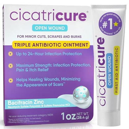 Cicatricure Dreifach-Antibiotikum-Salbe mit Schmerzlinderung, Bacitracin Antibiotikum-Salbe & Creme zur Wundversorgung, Heilungssalbe für Schnitte, Verbrennungen, Insektenstiche, Erste-Hilfe-Ausstattung, 28 g