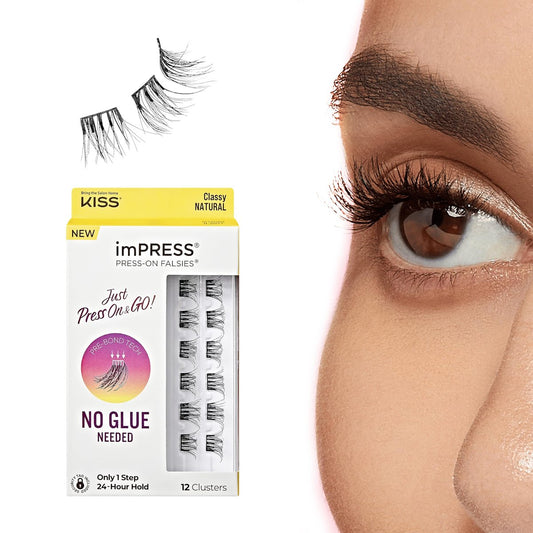 imPRESS Kiss Impress Falsies Selbstklebende Wimpern, 10-12mm, Natürlicher Volumen-Look, Schwarz, Kein Kleber nötig, Unsichtbares Band, 12 Wimpern-Cluster - Classy