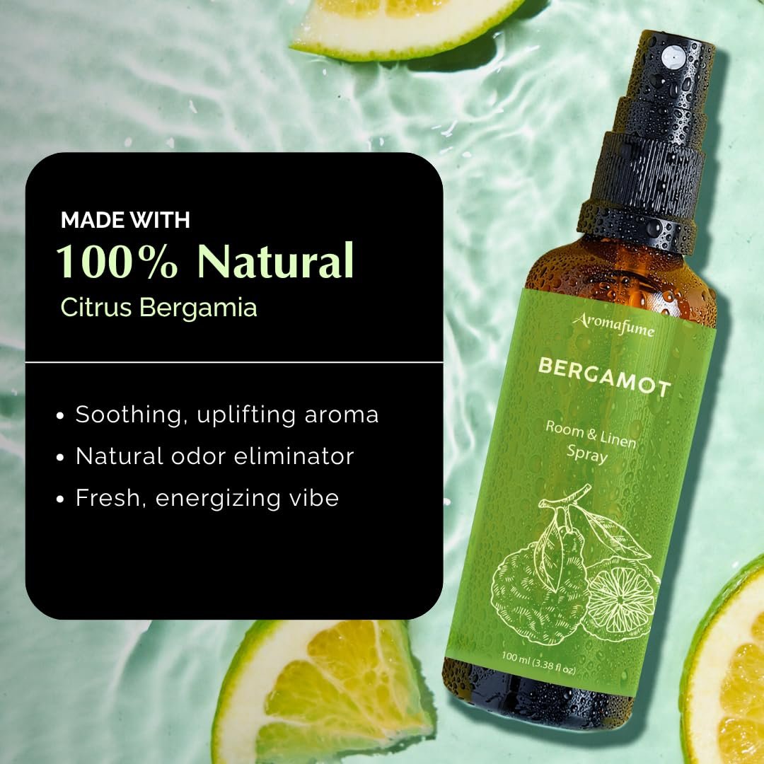 Bergamot Raum-, Wäsche- und Kissen-Spray von Aromafume | 100 ml | mit reinem Bergamotte-Öl | Aromatherapie-Spray für Entspannung, Schlaf & Stressabbau | Nebel für Bettwäsche & Stoffe