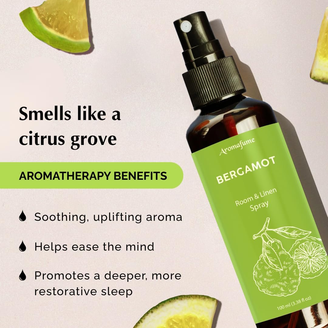 Bergamot Raum-, Wäsche- und Kissen-Spray von Aromafume | 100 ml | mit reinem Bergamotte-Öl | Aromatherapie-Spray für Entspannung, Schlaf & Stressabbau | Nebel für Bettwäsche & Stoffe