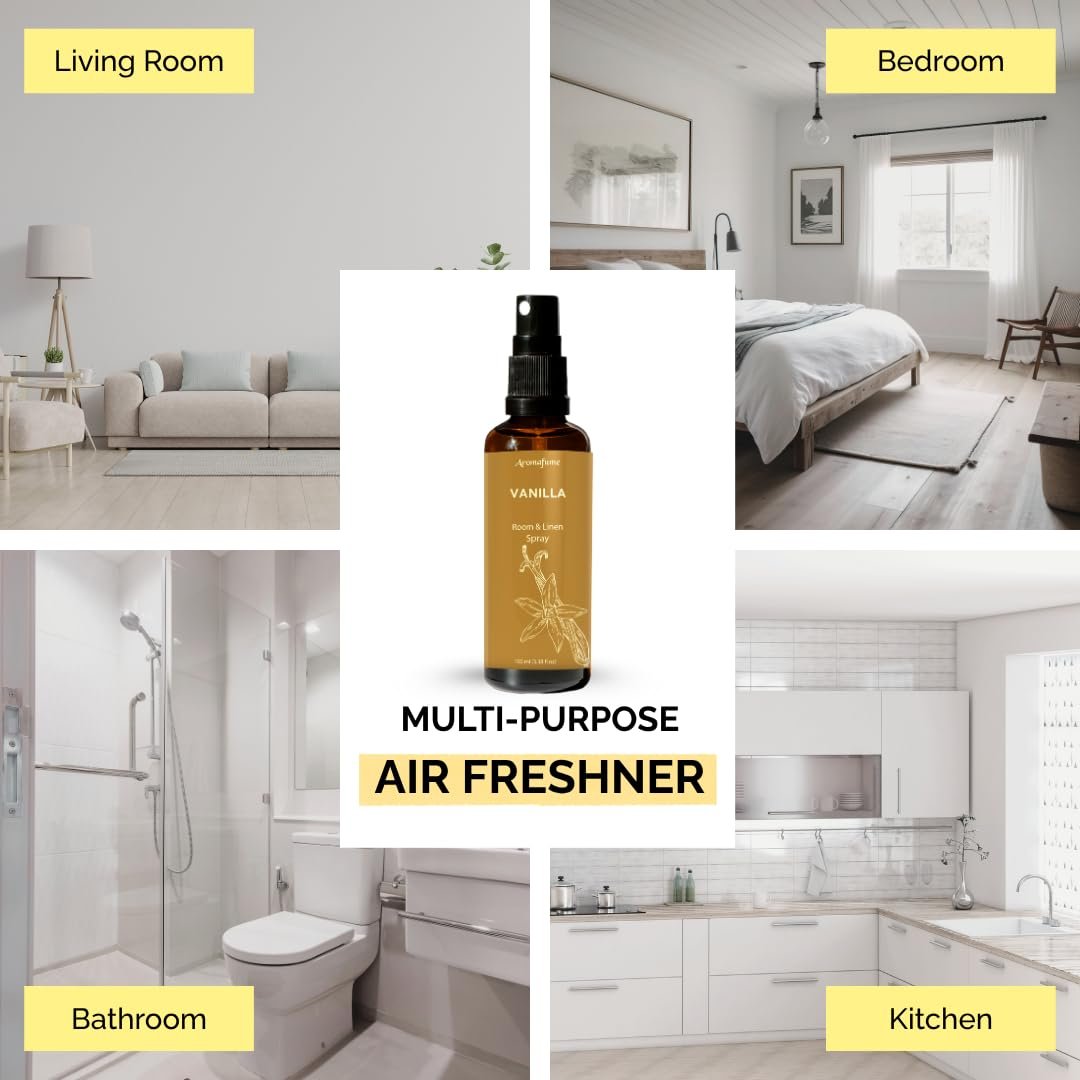 Vanilla Room, Linen & Pillow Spray von Aromafume | 100 ml/3,38 fl oz | mit reinem Vanille-ätherischem Öl | Aromatherapie-Spray | Nebel für Bettwäsche, Stoffe