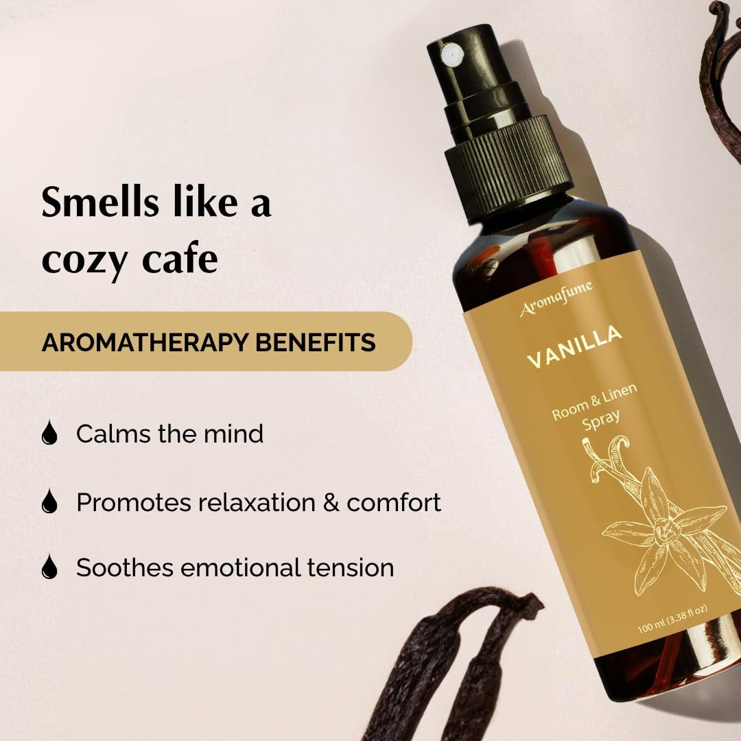 Vanilla Room, Linen & Pillow Spray von Aromafume | 100 ml/3,38 fl oz | mit reinem Vanille-ätherischem Öl | Aromatherapie-Spray | Nebel für Bettwäsche, Stoffe