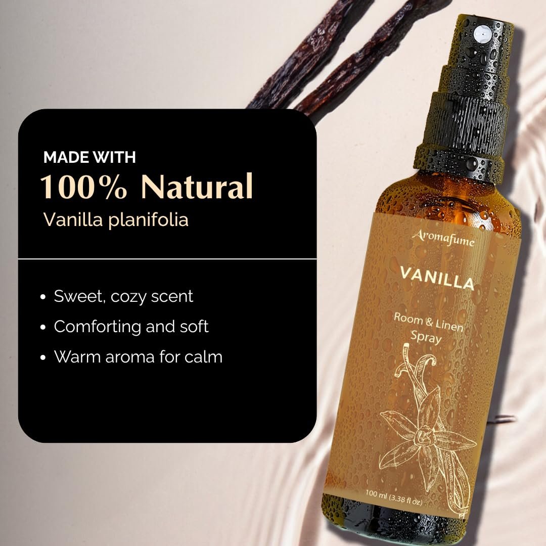 Vanilla Room, Linen & Pillow Spray von Aromafume | 100 ml/3,38 fl oz | mit reinem Vanille-ätherischem Öl | Aromatherapie-Spray | Nebel für Bettwäsche, Stoffe