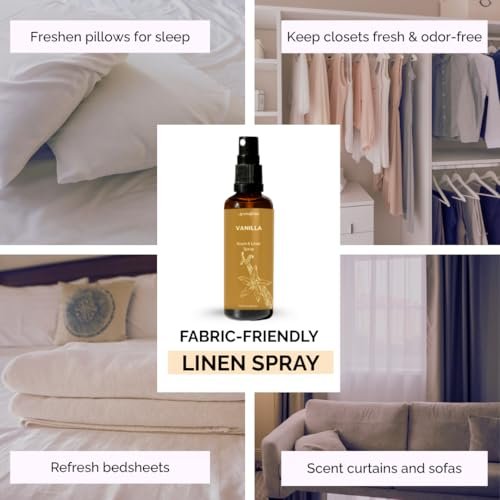 Vanilla Room, Linen & Pillow Spray von Aromafume | 100 ml/3,38 fl oz | mit reinem Vanille-ätherischem Öl | Aromatherapie-Spray | Nebel für Bettwäsche, Stoffe