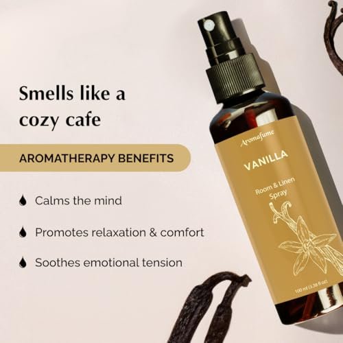 Vanilla Room, Linen & Pillow Spray von Aromafume | 100 ml/3,38 fl oz | mit reinem Vanille-ätherischem Öl | Aromatherapie-Spray | Nebel für Bettwäsche, Stoffe